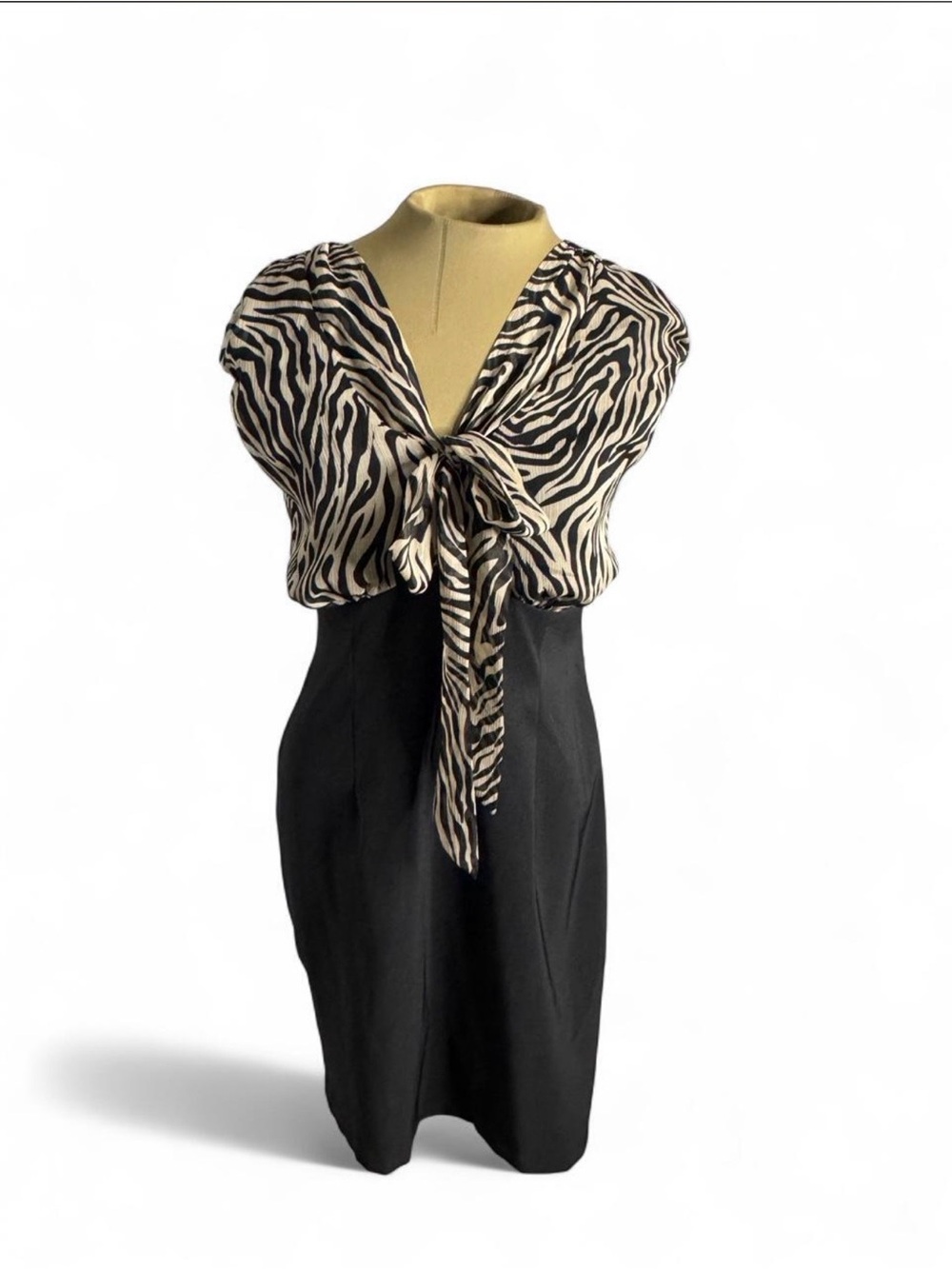 connected apparel Beige & Black Zebra Tie-Front Blouse Over Black Dress